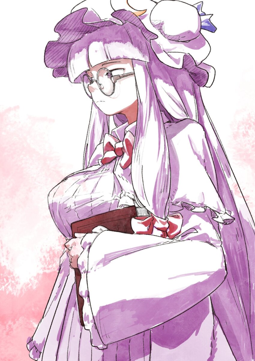 1girl blue_ribbon blunt_bangs book bow bowtie breasts capelet closed_mouth cowboy_shot crescent crescent_hat_ornament dress frilled_capelet frills glasses hair_bow hat hat_ornament hat_ribbon highres holding holding_book hyoutan_tan large_breasts long_hair mob_cap patchouli_knowledge pink_capelet pink_dress pink_hat pink_robe purple_eyes purple_hair red_bow ribbon robe round_eyewear sidelocks simple_background sketch solo striped_clothes striped_dress touhou very_long_hair white_background wide_sleeves