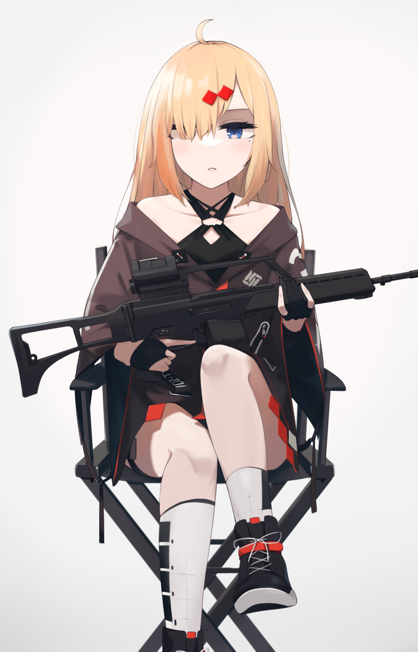 1girl absurdres bare_shoulders beta_c-mag black_gloves black_jacket black_shoes blonde_hair blue_eyes collarbone double-drum_magazine drum_magazine feet_out_of_frame girls&#039;_frontline gloves gun h&amp;k_mg36 hair_between_eyes hair_ornament hair_over_one_eye hairclip high-capacity_magazine highres hinami047 holding holding_gun holding_weapon jacket leg_up long_hair looking_at_viewer machine_gun magazine_(weapon) mg36_(girls&#039;_frontline) mole mole_under_eye partially_fingerless_gloves shoes sitting sneakers socks solo weapon white_background