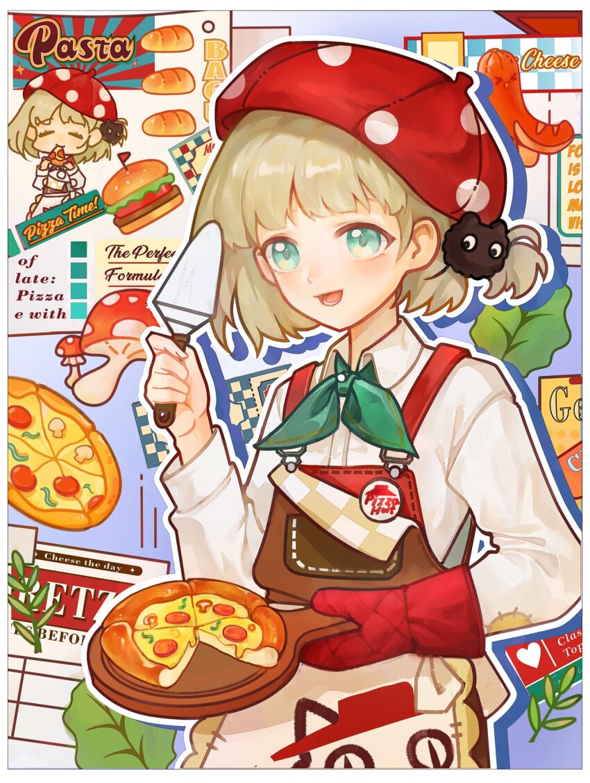 :d apron beret blonde_hair blue_eyes brown_overalls collared_shirt drop_shadow ezra_theodore food green_neckerchief hand_up hat highres holding holding_pan looking_at_viewer lower_teeth_only maomao_(momo1582807) menu mittens mushroom neckerchief open_mouth overalls peel_(tool) pizza pizza_hut polka_dot_headwear red_hat red_mittens reverse:1999 sausage shirt short_hair single_mitten smile teeth waist_apron white_apron white_shirt