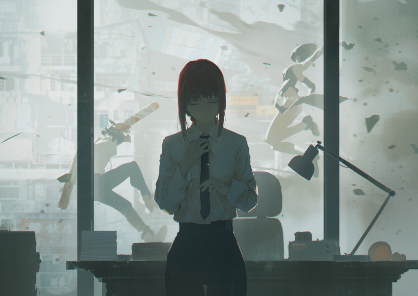 1boy 2girls adjusting_clothes adjusting_necktie apron black_apron black_necktie black_pants black_shoes blunt_bangs bomb_devil_(chainsaw_man) building chainsaw chainsaw_man chair closed_eyes collared_shirt cowboy_shot debris denji_(chainsaw_man) desk desk_lamp dino_(dinoartforame) explosion glass_wall highres jumping lamp looking_at_another makima_(chainsaw_man) multiple_girls necktie object_head office_chair panties pants red_hair sharp_teeth shirt shoes sidelocks socks standing swivel_chair teeth underwear white_panties white_shirt white_socks