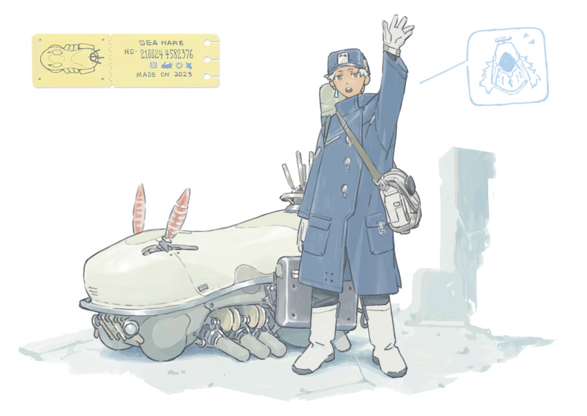 1boy 2023 :o arm_at_side arm_up bag blue_coat boots chenrong96 coat dot_nose earrings gloves green_eyes grey_bag grey_footwear grey_gloves highres jewelry long_sleeves male_focus open_mouth original short_hair simple_background single_earring spoken_character standing teeth upper_teeth_only white_background