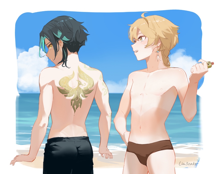 2boys absurdres aether_(genshin_impact) back_tattoo beach black_hair black_male_swimwear blonde_hair brown_male_swimwear earrings genshin_impact green_hair highres jewelry lim3cake long_hair male_focus male_swimwear multicolored_hair multiple_boys navel nipples ocean open_mouth short_hair stomach sunlight tattoo topless_male xiao_(genshin_impact) yellow_eyes