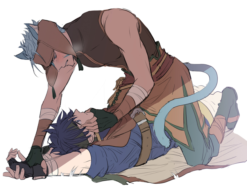 2boys 5_(femfamme) animal_ears blue_eyes blue_hair blush cape cat_boy cat_ears commentary_request grabbing_another&#039;s_face fingerless_gloves fire_emblem fire_emblem:_path_of_radiance gloves ike_(fire_emblem) laguz_(fire_emblem) lying male_focus multiple_boys nintendo on_back on_person ranulf_(fire_emblem) short_hair simple_background tail yaoi