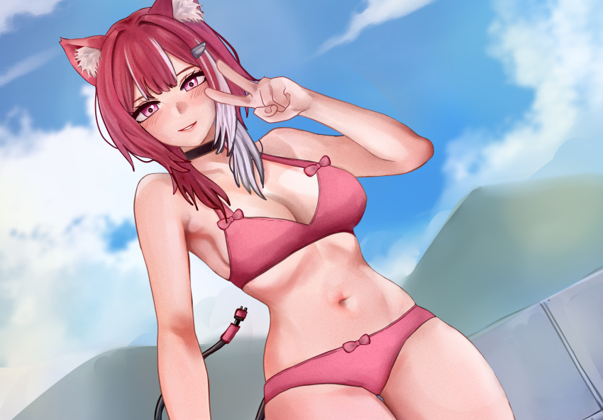 1girl absurdres animal_ear_fluff animal_ears belly bra breasts cat_ears cloud commission commissioner_upload hair_ornament hairclip highres looking_at_viewer lyko_lianna multicolored_hair navel panties pink_bra pink_eyes pink_panties red_hair sky smile solo standing tail underwear underwear_only v v4mirai virtual_youtuber