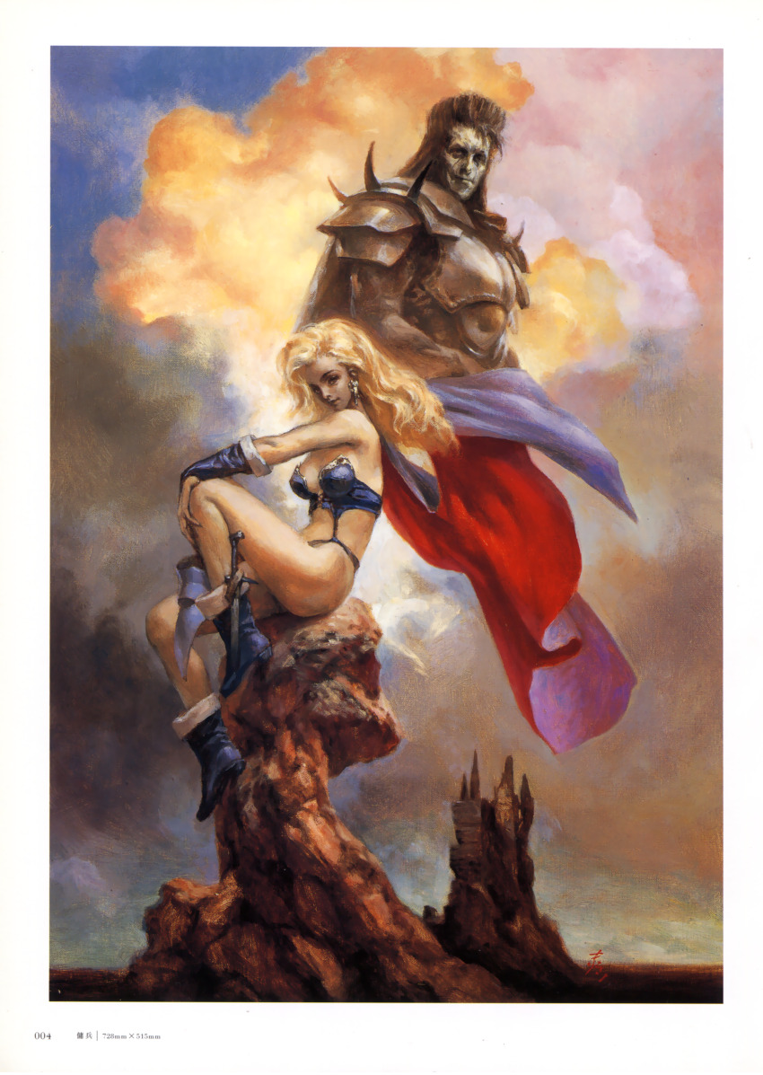 1boy 1girl absurdres armor artbook bikini_armor blonde_hair boots bra brandish breasts bridal_gauntlets cape castle cleavage cloud cloudy_sky dela_delon earrings gloves highres jewelry karl_caless knife_sheath lipstick long_hair looking_at_viewer makeup medium_breasts official_art on_rock purple_boots purple_bra purple_gloves scan sheath shoulder_armor shoulder_spikes sitting sky spikes suemi_jun underwear weapon witch