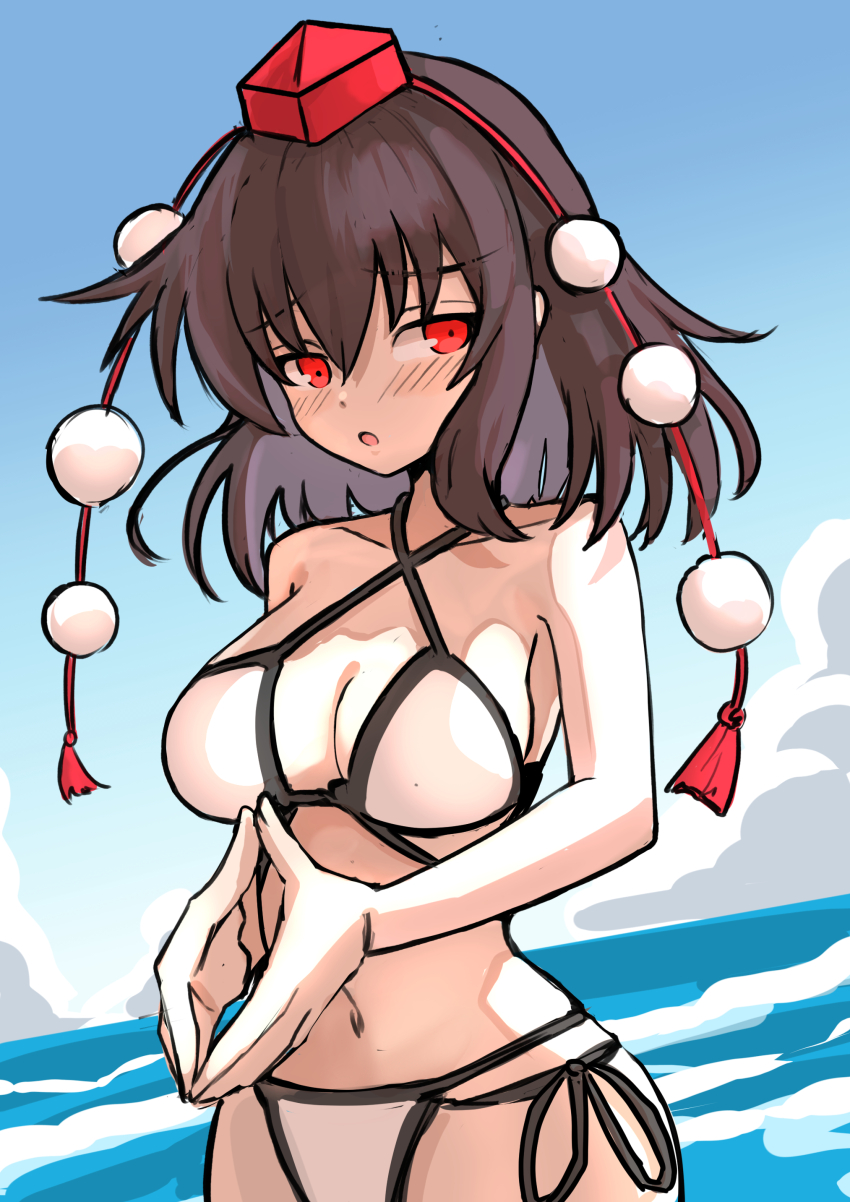 1girl absurdres bikini black_hair blush breasts cloud hat highres large_breasts looking_at_viewer navel ocean open_mouth pointy_ears pom_pom_(clothes) red_eyes red_hat shameimaru_aya short_hair swimsuit tengu tokin_hat touhou water yuuka_(a0240765)