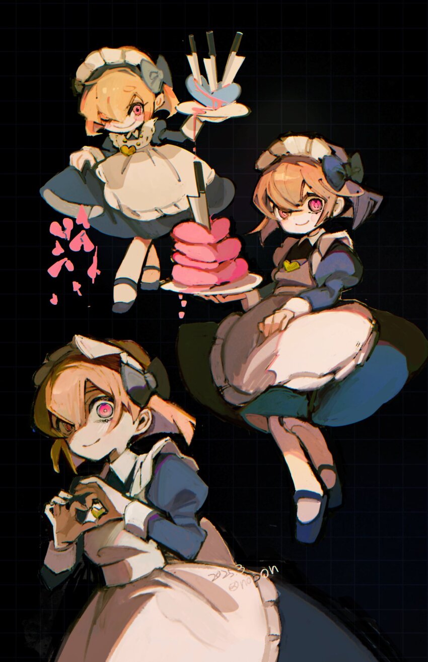 1other 2025 ;) alternate_costume apron black_background black_bow black_dress black_shoes bow chara_(undertale) chromatic_aberration closed_mouth collared_dress commentary_request crossed_legs curtsey double-parted_bangs dress enmaided film_grain frilled_apron frills full_body gold_necklace hair_between_eyes headdress heart heart_hands heart_necklace highres holding holding_plate jewelry juliet_sleeves knife long_sleeves looking_at_viewer maid maid_apron maid_headdress mary_janes medium_dress multiple_views necklace noppo_(nopon) one_eye_closed other_focus pink_eyes plate puffy_sleeves shoes short_hair simple_background skirt_hold smile twitter_username undertale upper_body white_apron white_headdress wide-eyed
