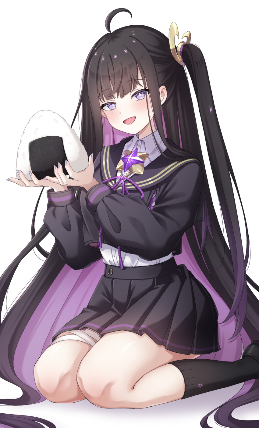 :d absurdres ahoge bandage_on_leg bandage_on_thigh bandaged_leg bandages black_hair black_sailor_collar black_serafuku black_shirt black_shoes black_skirt black_socks blush chitose_(stella_sora) colored_inner_hair food highres holding holding_food layered_shirt long_hair mole mole_under_eye multicolored_hair nariku76 one_side_up onigiri open_mouth purple_eyes purple_hair purple_ribbon ribbon sailor_collar school_uniform serafuku shirt shoes sidelocks sitting skirt smile socks stella_sora very_long_hair white_background white_shirt yokozuwari
