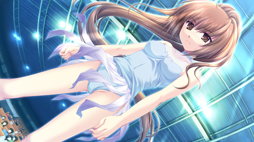 1girl alpha_(yukai_na_nakamatachi) audience azai_kanon breasts brown_eyes brown_hair cleavage closed_mouth dutch_angle floating_hair frown g-senjou_no_maou game_cg grey_leotard hair_between_eyes high_ponytail indoors leotard long_hair ponytail small_breasts solo standing sweatdrop very_long_hair