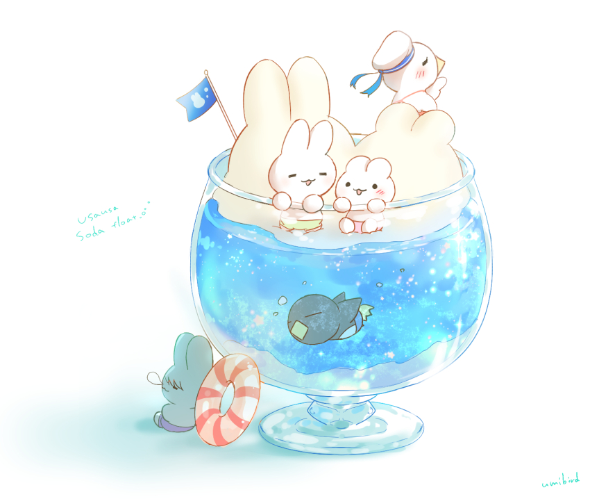 animal_focus artist_name bird black_eyes blue_hair blue_ribbon blue_swim_trunks blush_stickers bubble closed_eyes commentary_request english_text flag food food_focus green_swim_trunks hat hat_ribbon ice_cream ice_cream_float innertube light_blue_hair looking_at_another male_swimwear no_humans nose_bubble open_mouth original oversized_food oversized_object penguin pink_swim_trunks purple_swim_trunks rabbit ribbon sailor_hat seagull shadow single_blush_sticker sleeping smile solid_circle_eyes swim_ring swim_trunks swimming umibird white_background white_headwear