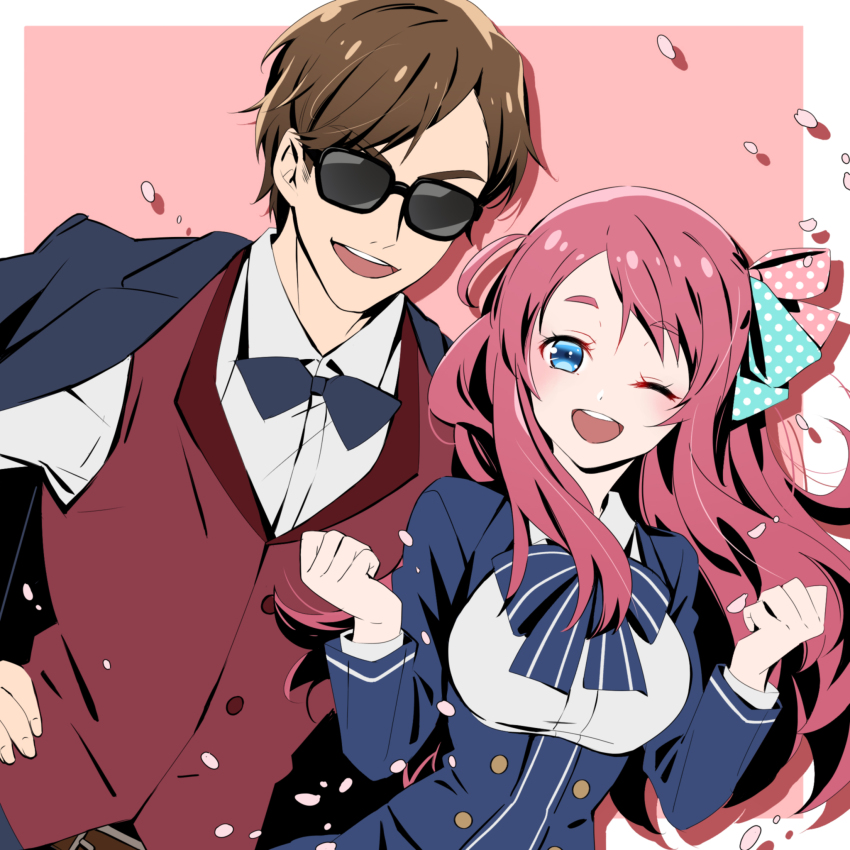 1boy 1girl black_jacket blue_eyes bow bowtie brown_hair cherry_blossoms da_huang hair_bow highres jacket looking_at_viewer minamoto_sakura one_eye_closed open_clothes open_jacket open_mouth red_hair red_vest shirt smile sunglasses tatsumi_koutarou upper_body vest white_shirt zombie_land_saga