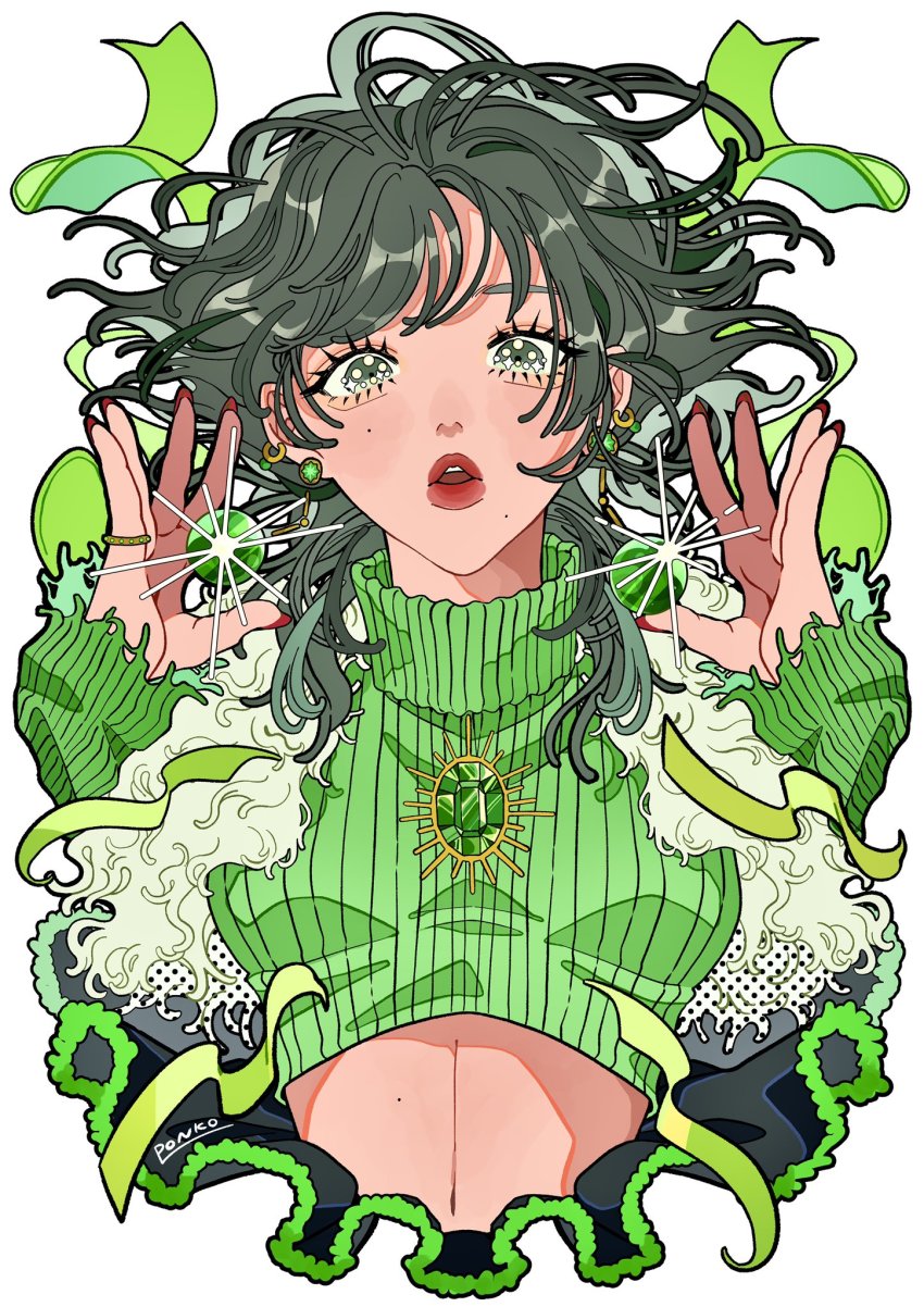 1girl arms_up breasts ear_piercing earrings fingernails green_eyes green_ribbon green_theme highres jewelry lips long_fingernails long_sleeves looking_at_viewer medium_breasts midriff nail_polish original parted_lips piercing ponko517 red_nails ribbon shadow solo upper_body