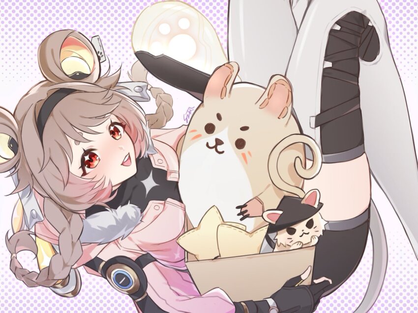 1girl black_gloves black_hairband black_shirt boots braid breasts commentary_request fingerless_gloves fur-trimmed_jacket fur_trim gloves hairband holding jacket kazuna_ys light_bulb lumi_(wuthering_waves) open_mouth orange_eyes pink_jacket shirt signature small_breasts smile solo thick_eyebrows thigh_boots thighs twin_braids white_boots wuthering_waves