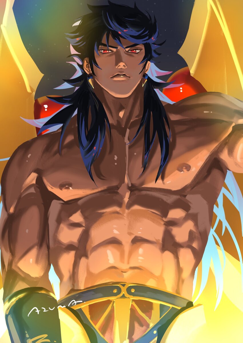 1boy abs blue_hair dark-skinned_male dark_blue_hair dark_skin earrings fate/grand_order fate_(series) greco-roman_clothes hair_between_eyes higashizumu highres jewelry long_hair looking_at_viewer male_focus metal_wings muscular muscular_male navel nipples pectorals red_eyes romulus_quirinus_(fate) serious solo topless_male upper_body very_long_hair