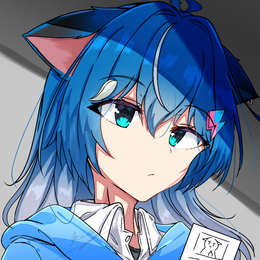 1girl animal_ears artist_name black_cat blue_hair blue_hoodie cat cat_ears earrings highres holding holding_paper hood hoodie jewelry light_blue_hair light_blue_jacket looking_at_viewer middle_finger non-web_source original paper