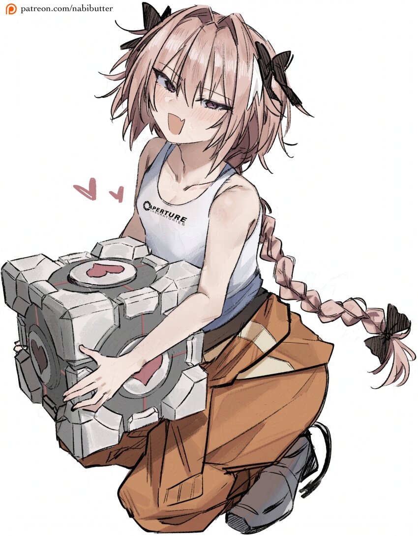 1boy :d absurdres aperture_science_weighted_companion_cube astolfo_(fate) bare_arms bare_shoulders black_bow bow braid chell chell_(cosplay) clothes_writing collarbone commentary commission cosplay english_commentary eyes_visible_through_hair fang fate/grand_order fate_(series) full_body hair_between_eyes hair_bow hair_intakes half-closed_eyes heart highres light_blush long_braid long_fall_boots long_hair looking_at_viewer male_focus nabibutter open_mouth orange_pants pants patreon_logo patreon_username pink_eyes pink_hair portal_(series) portal_1 simple_background single_braid skin_fang smile solo squatting tank_top trap very_long_hair white_background white_tank_top xcider