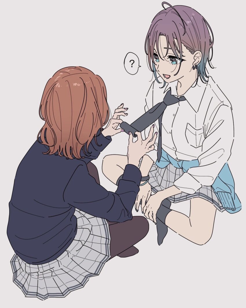 2girls ? asakura_toru black_necktie black_pantyhose black_socks black_sweater blue_cardigan blue_eyes blue_hair bracelet breast_pocket brown_hair cardigan cardigan_around_waist clothes_around_waist collared_shirt colored_tips dress_shirt ear_piercing earrings grey_skirt highres higuchi_madoka idolmaster idolmaster_shiny_colors indian_style jewelry kamatama_rom lower_teeth_only multicolored_hair multiple_girls nail_polish necktie no_shoes open_mouth pantyhose parted_bangs piercing pink_nails plaid_clothes plaid_skirt pleated_skirt pocket purple_hair school_uniform shirt short_hair simple_background sitting skirt socks spoken_question_mark sweater teeth white_background white_shirt