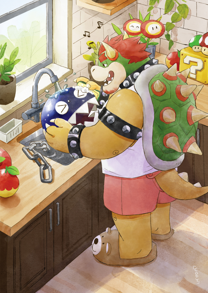 &gt;_&lt; 1-up_mushroom 1boy ?_block animal_slippers apple armlet artist_name bear_slippers black_collar bowser bracelet brown_slippers cabinet chain chain_chomp claws closed_eyes cody_soh collar commentary counter english_commentary faucet fire_flower flower_pot food fruit highres horns indoors jewelry male_focus mario_(series) musical_note nintendo open_mouth pink_shorts plant potted_plant red_hair sharp_teeth shelf shirt shorts sink sleeveless sleeveless_shirt slippers smile solo spiked_armlet spiked_bracelet spiked_collar spiked_shell spiked_tail spikes standing super_mushroom tail teeth turtle_shell v-shaped_eyebrows water white_shirt window windowsill wooden_floor