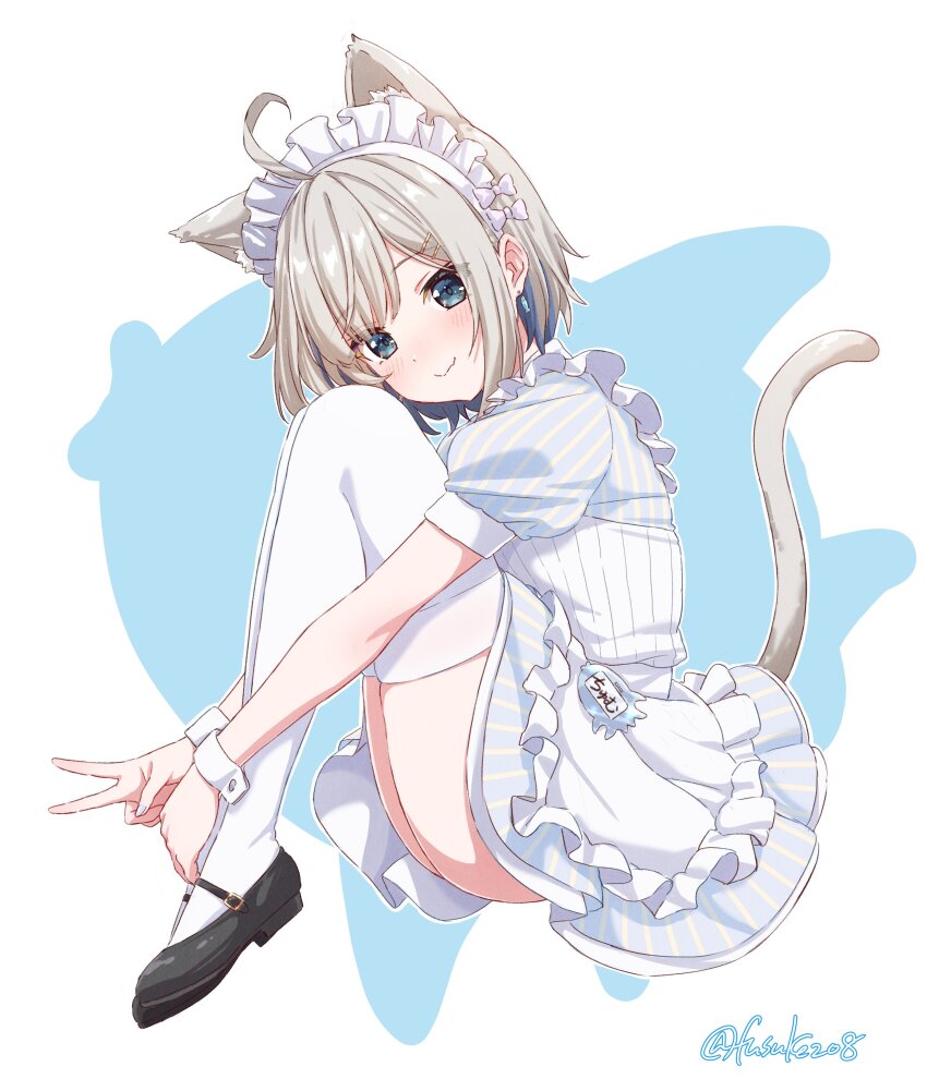 1girl absurdres ahoge alternate_costume animal_ears artist_name ass black_shoes blue_dress blue_eyes blush bob_cut bow brown_hair brown_tail cat_ears cat_girl cat_tail character_name choppy_bangs chumunote closed_mouth dot_nose dress earrings eyes_visible_through_hair fang fish_earrings frilled_hairband frills full_body fuusuke_(fusuke208) hair_ornament hairband hairclip hashtag-only_commentary highres indie_virtual_youtuber jewelry looking_at_viewer maid mary_janes nice_knee_socks_day puffy_short_sleeves puffy_sleeves shoes short_sleeves side_part sitting skin_fang smile solo striped_clothes striped_dress tail thighhighs twitter_username v vertical-striped_clothes vertical-striped_dress virtual_youtuber white_bow white_hairband white_thighhighs white_wrist_cuffs wrist_cuffs