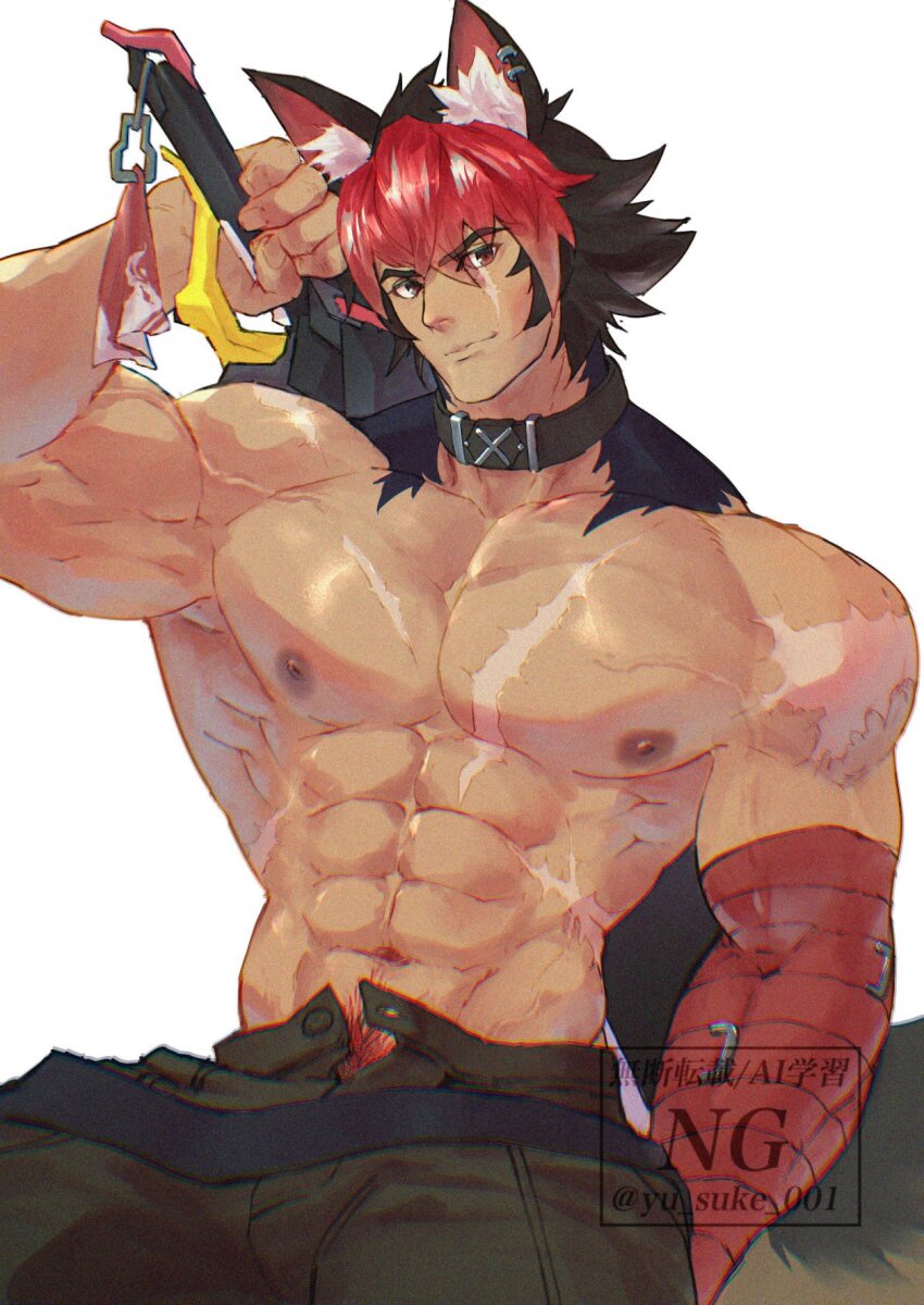 1boy abs animal_ears bandaged_arm bandages bara black_choker cargo_pants choker dog_boy ear_piercing highres komano_manato large_pectorals male_focus multicolored_hair multiple_scars muscular muscular_male nipples pants pectorals piercing pubic_hair red_eyes scar scar_on_face short_hair solo sword tail weapon yusuke_(yu_suke_001) zenless_zone_zero