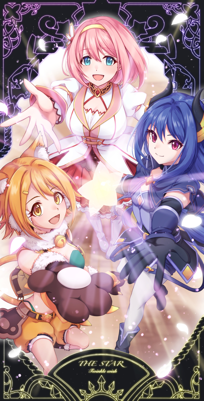 absurdres altheavin animal_hands bandeau belt blue_eyes blue_hair breasts capelet card_(medium) cat_girl cat_ornament cat_paws cleavage cleavage_cutout clothing_cutout collar criss-cross_halter demon_girl demon_horns elbow_gloves flower_ornament fur-trimmed_gloves fur_trim gloves green_bandeau hairband halterneck highres hiyori_(princess_connect!) horns large_breasts metal_collar multiple_girls orange_hair outstretched_arms pantyhose paw_gloves pink_hair princess_connect! puffy_shorts red_eyes rei_(princess_connect!) short_hair shorts star_(symbol) tarot tarot_(medium) tassel the_star_(tarot) vest yellow_hairband yellow_shorts yellow_vest yui_(princess_connect!)