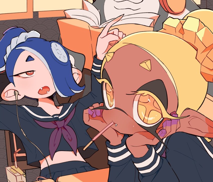 2girls alternate_costume big_man_(splatoon) big_man_(young)_(splatoon) black_shirt black_skirt blonde_hair blue_hair bright_pupils cephalopod_eyes commentary_request dark-skinned_female dark_skin drinking_straw earbuds earphones eyelashes fang fang_out fangs food food_in_mouth frye_(splatoon) frye_(young)_(splatoon) hair_over_one_eye hairband highres inkling juice_box korean_commentary listening_to_music long_pointy_ears looking_at_viewer maki_chaa medium_hair multiple_girls nintendo octoling open_mouth pocky pocky_in_mouth pointing pointy_ears red_eyes sailor_collar sailor_shirt school_uniform shirt shiver_(splatoon) shiver_(young)_(splatoon) short_eyebrows sitting skirt splatoon_(series) splatoon_3 star-shaped_pupils star_(symbol) symbol-shaped_pupils tentacle_hair thick_eyebrows white_hairband white_pupils yellow_pupils