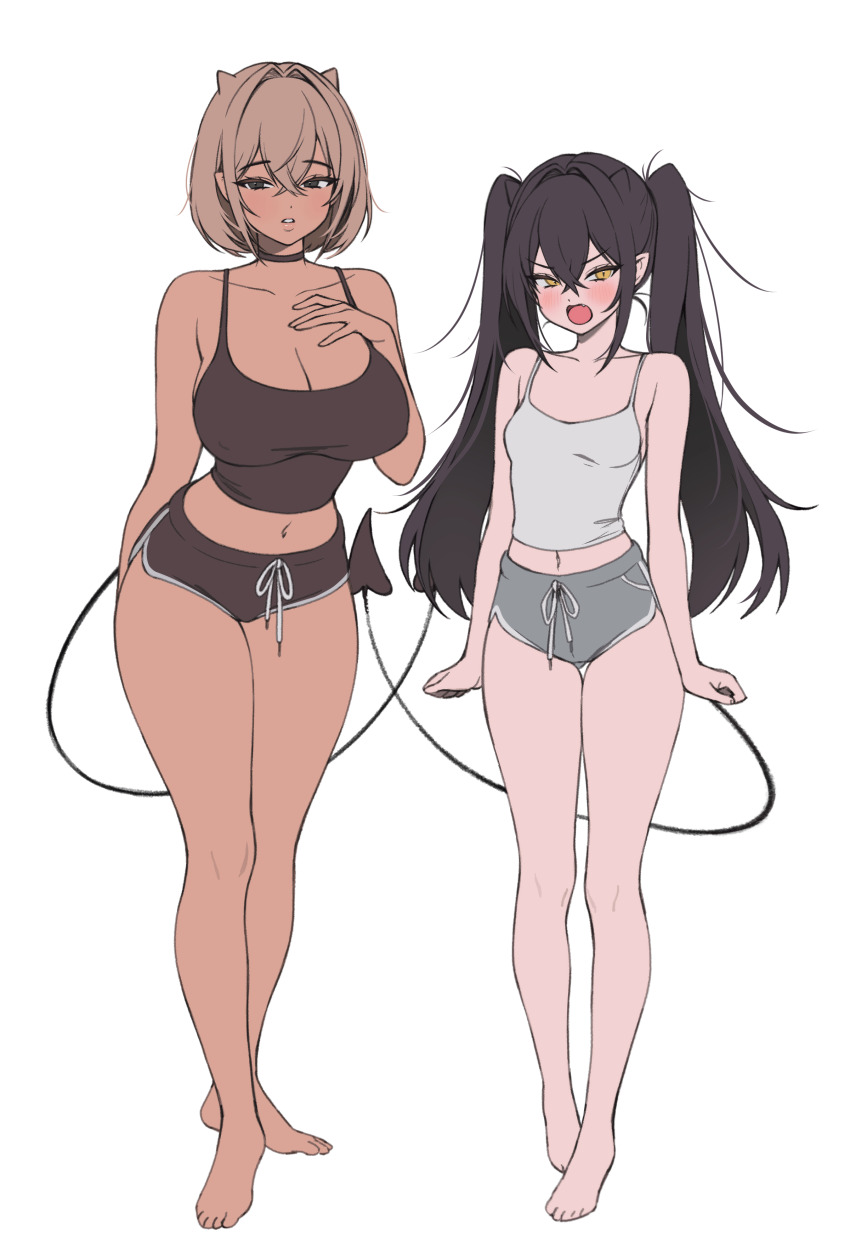 2girls absurdres barefoot black_choker black_hair black_shorts black_tail black_tank_top blush breasts choker cleavage collarbone commentary crossed_bangs dark-skinned_female dark_skin demon_girl demon_horns demon_tail dolphin_shorts english_commentary fang full_body grey_shorts hair_between_eyes hair_intakes hand_on_own_chest highres horns large_breasts long_hair looking_at_viewer multiple_girls navel open_mouth original parted_lips pointy_ears salty_gana short_hair shorts siblings simple_background sisters slit_pupils small_breasts tail tank_top thigh_gap twintails white_background white_tank_top wings yellow_eyes