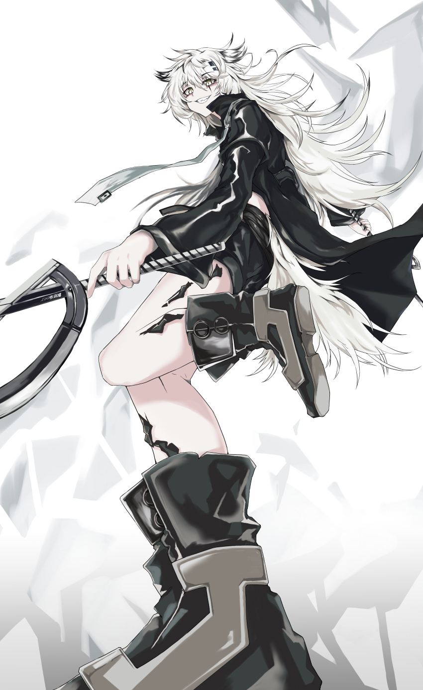1girl absurdres animal_ears arknights black_jacket black_shorts boots commentary highres holding holding_sword holding_weapon infection_monitor_(arknights) jacket lappland_(arknights) necktie scar scar_across_eye scar_on_face scrapiron2800 shorts sword tail weapon white_eyes white_hair wolf_ears wolf_tail