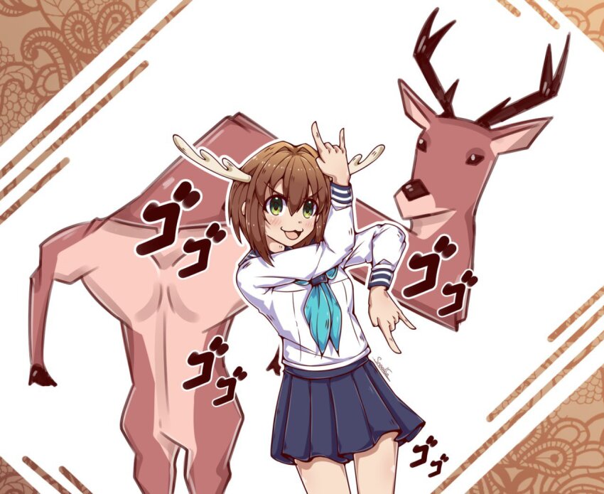 1girl :3 antlers aqua_neckerchief blue_neckerchief blue_sailor_collar brown_hair deer deer_antlers deer_girl hino_minami_high_school_uniform horns incsnookon jojo_pose long_sleeves neckerchief open_mouth sailor_collar school_uniform serafuku shikanoko_noko shikanoko_nokonoko_koshitantan shirt short_hair skirt white_shirt