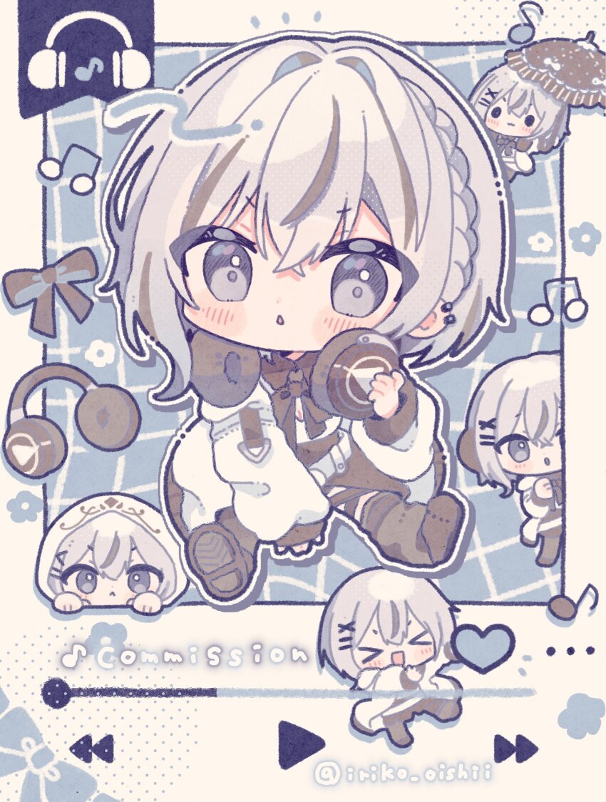 &gt;_&lt; 1girl :&lt; :3 :d blue_background blue_eyes blush_stickers borrowed_character bow bowtie brown_bow brown_bowtie brown_shoes brown_socks chibi chibi_only closed_eyes commentary commission full_body grey_hair grid_background headphones headphones_around_neck highres jacket kamizakana_iriko long_sleeves looking_at_viewer media_player_interface musical_note open_mouth original outline shoes short_hair sitting skeb_commission smile socks triangle_mouth twitter_username v-shaped_eyebrows white_jacket white_outline xd