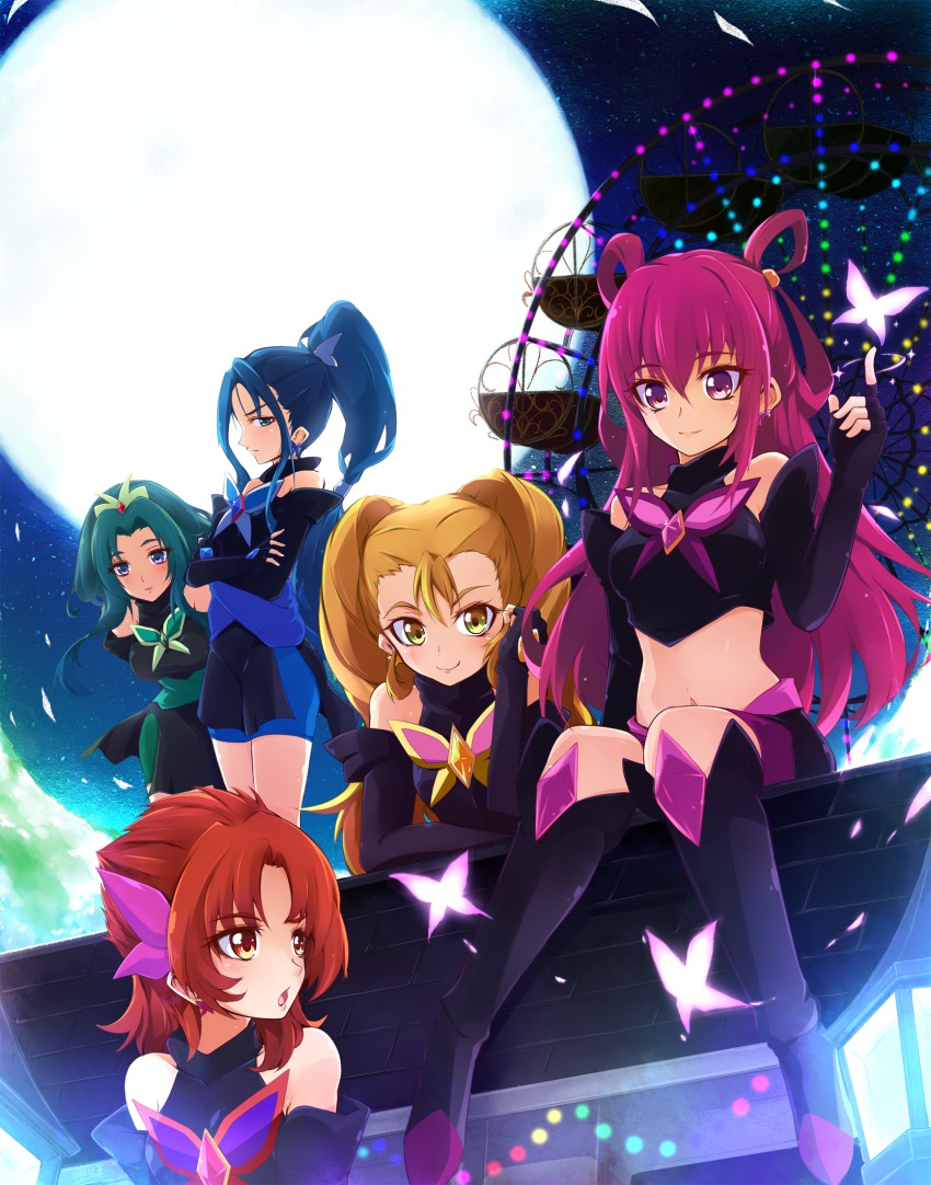 00s 5girls ashita_wa_hitsuji bike_shorts blonde_hair blue_hair brooch crossed_arms dark_aqua dark_cure_(yes!_precure_5) dark_dream dark_lemonade dark_mint dark_rouge earrings ferris_wheel full_moon green_eyes green_hair hair_rings high_ponytail highres jewelry long_hair midriff moon multiple_girls navel pink_eyes pink_hair ponytail precure purple_eyes red_eyes red_hair short_hair sitting smile twintails yellow_eyes yes!_precure_5
