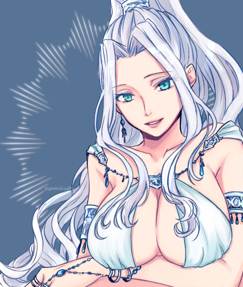 1girl aoji_(pixiv951678) aqua_eyes armlet bad_id bad_pixiv_id breasts cleavage commentary_request dress earrings gensou_suikoden gensou_suikoden_ii highres jeane_(suikoden) jewelry large_breasts long_hair revealing_clothes silver_hair sleeveless sleeveless_dress solo twitter_username very_long_hair white_dress
