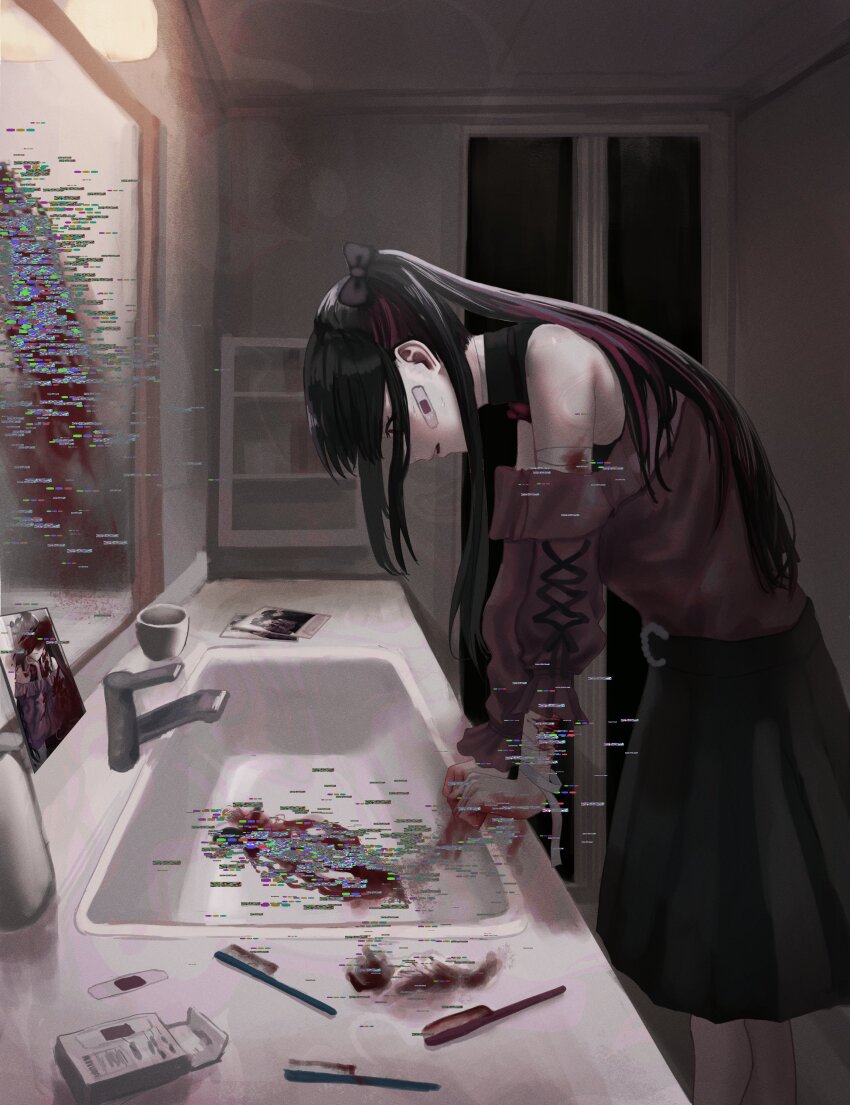 1girl absurdres attempted_suicide bandaged_arm bandaged_neck bandages bandaid bandaid_on_face bare_shoulders black_bow black_hair black_skirt bleeding blood blood_on_hands blood_splatter bloody_bandages bloody_knife bow cross-laced_clothes cross-laced_sleeves cup detached_collar detached_sleeves faucet feet_out_of_frame glitch hair_bow highres indoors jirai_kei knife kyano_(kyanora3141) leaning_on_object long_hair mirror multicolored_hair original photo_(object) pink_hair pink_shirt self-harm shirt shirt_tucked_in sink skirt solo standing streaked_hair sweat tissue twintails wrist_cutting