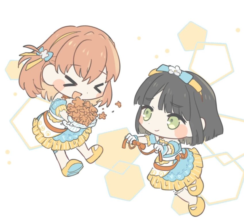 &gt;_&lt; 2girls :d black_hair blue_bow blue_dress blunt_bangs blunt_ends blush_stickers bob_cut bouquet bow celebration!_(love_live!) cerise_bouquet chibi chibi_only churhami closed_mouth colored_shoe_soles dress flower gloves green_eyes hair_bow hairband hinoshita_kaho holding holding_bouquet holding_ribbon link!_like!_love_live! looking_at_another love_live! mary_janes momose_ginko multiple_girls off-shoulder_dress off_shoulder official_alternate_costume open_mouth orange_flower orange_hair puffy_short_sleeves puffy_sleeves raised_inner_eyebrows ribbon shoes short_hair short_sleeves simple_background smile two_side_up virtual_youtuber white_background white_gloves xd yellow_hairband yellow_shoes