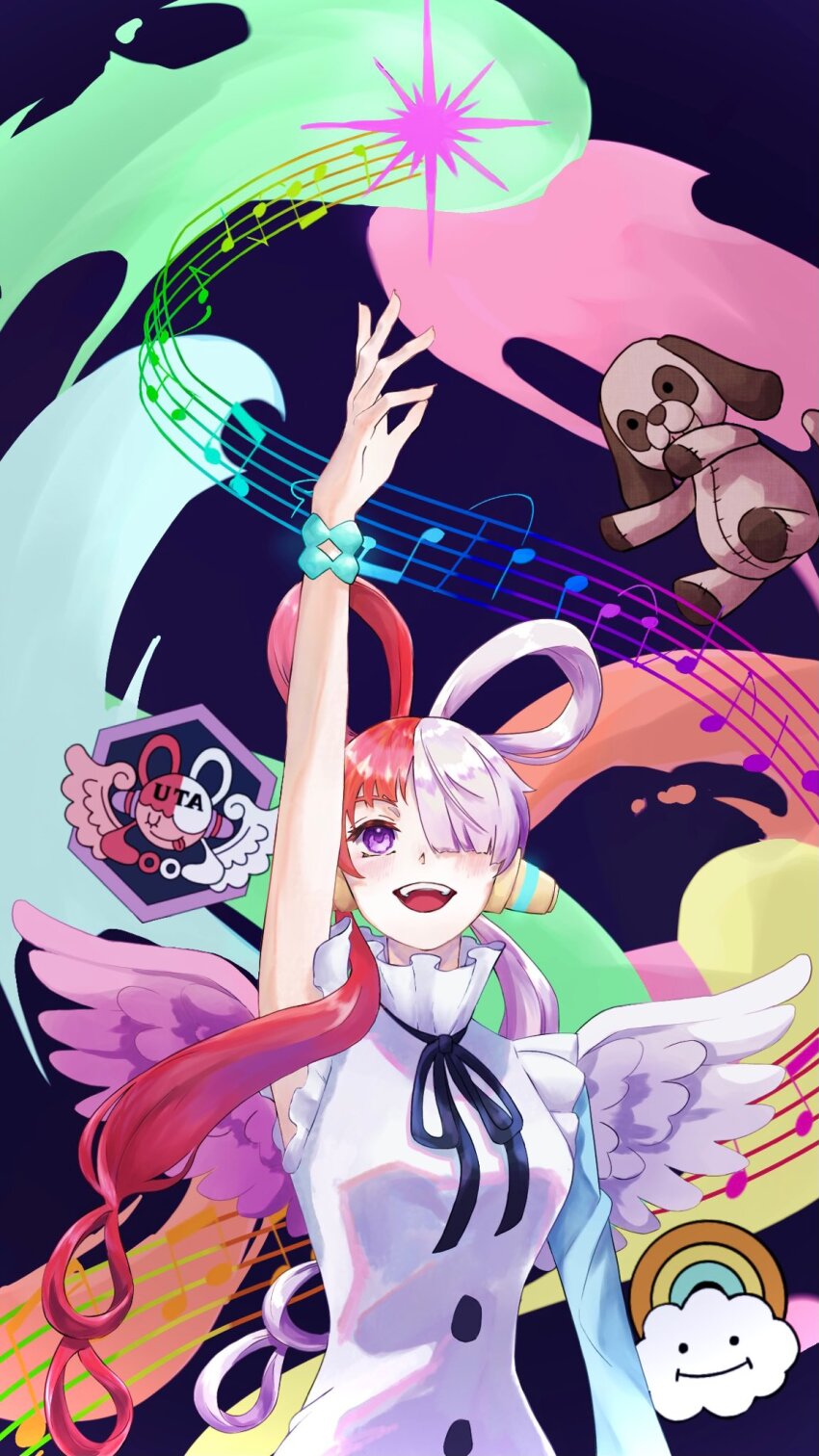 1girl arm_up black_ribbon blue_gloves bracelet cloud commentary_request dress elbow_gloves gloves hair_over_one_eye headphones high_collar highres jewelry looking_up multicolored_hair musical_staff neck_ribbon one_piece one_piece_film:_red open_mouth pink_wings purple_eyes red_hair ribbon single_elbow_glove smile stuffed_toy sub_lemolemon teeth twintails two-tone_hair upper_body upper_teeth_only uta_(one_piece) white_dress white_hair white_wings wings