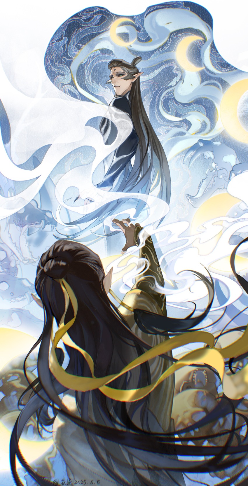 2boys absurdres animal_skeleton beard black_bodysuit black_hair black_sclera bodysuit chinese_clothes chinese_commentary colored_sclera crescent_moon dated dragon eastern_dragon facial_hair fingernails from_behind green_eyes hair_ribbon hanfu highres lascorpio long_fingernails long_hair long_sleeves looking_at_another looking_back low-tied_sidelocks lutong_(nezha_zhi_motong_jiangshi) male_focus moon multiple_boys nezha_zhi_motong_jiangshi parted_lips pointy_ears reaching reaching_towards_another ribbon sharp_fingernails shen_gongbao_(nezha_zhi_motong_jiangshi) sidelocks skeleton topknot yellow_ribbon