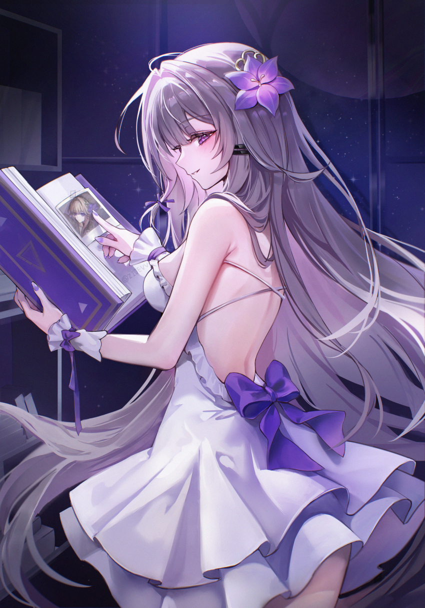 absurdres backless_dress backless_outfit book breasts dress hair_ornament herta_(honkai:_star_rail) highres holding holding_book honkai:_star_rail honkai_(series) large_breasts long_hair no_bra purple_eyes purple_hair purple_ribbon ribbon the_herta_(honkai:_star_rail) white_dress zije