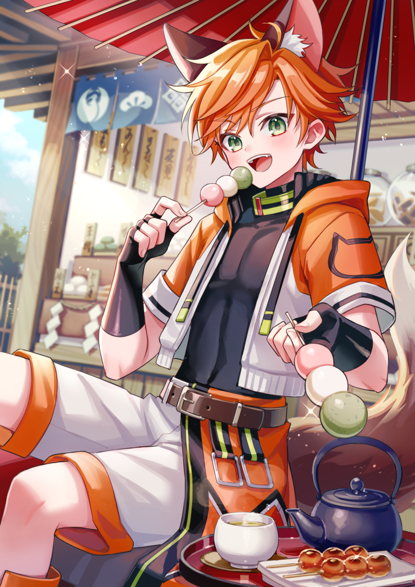 1boy absurdres animal_ear_fluff animal_ears belt black_gloves black_shirt brown_belt commission cup dango eating fingerless_gloves food fox_boy fox_ears fox_tail gloves green_eyes highres holding holding_food jacket looking_at_viewer male_focus mitarashi_dango open_clothes open_jacket open_mouth orange_hair original sanshoku_dango shirt short-sleeved_jacket short_hair short_sleeves shorts sitting skeb_commission smile suzaku_(zaku6584) tail tea teapot tray wagashi white_shorts