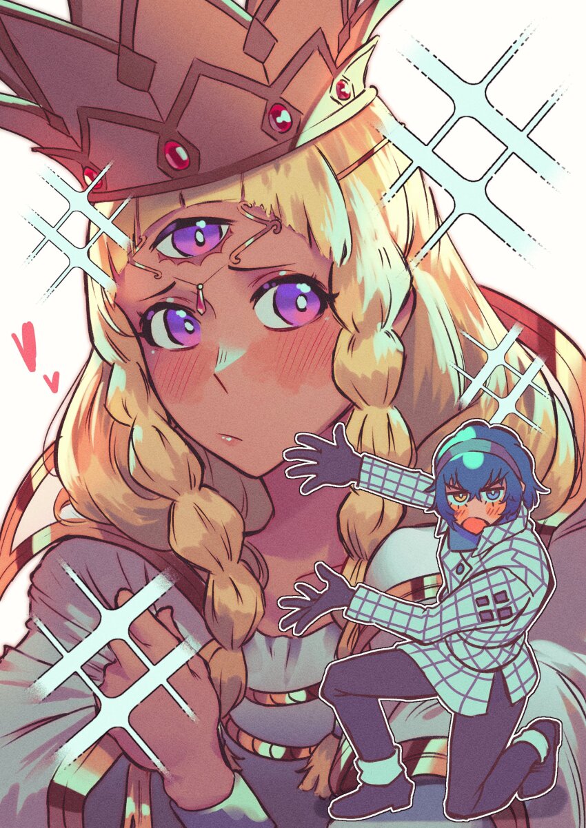 1boy 1girl absurdres andrich_galam black_gloves black_hairband black_pants black_shoes blonde_hair blue_eyes blue_hair blush braid cape closed_mouth commentary crown dark-skinned_female dark-skinned_male dark_skin dress english_commentary eupha_(metaphor:_refantazio) gloves gold_trim hairband heart heterochromia highres jacket jewelry long_hair long_sleeves metaphor:_refantazio on_one_knee open_mouth pants plaid_clothes plaid_jacket protagonist_(metaphor:_refantazio) purple_eyes shoes simple_background third_eye twin_braids white_background white_cape white_dress white_jacket yellow_eyes