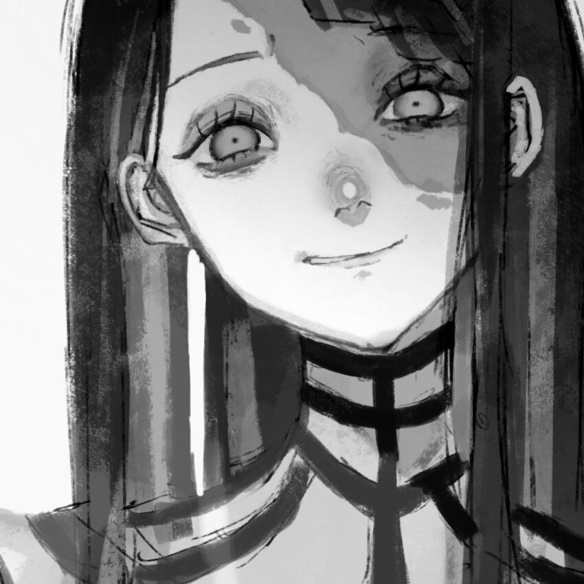 1girl ado_(utaite) commentary_request gira-gira-chan_(ado) gira_gira greyscale highres long_hair monochrome parted_lips portrait raiko_(rai_ko_34) sidelocks simple_background smirk solo white_background