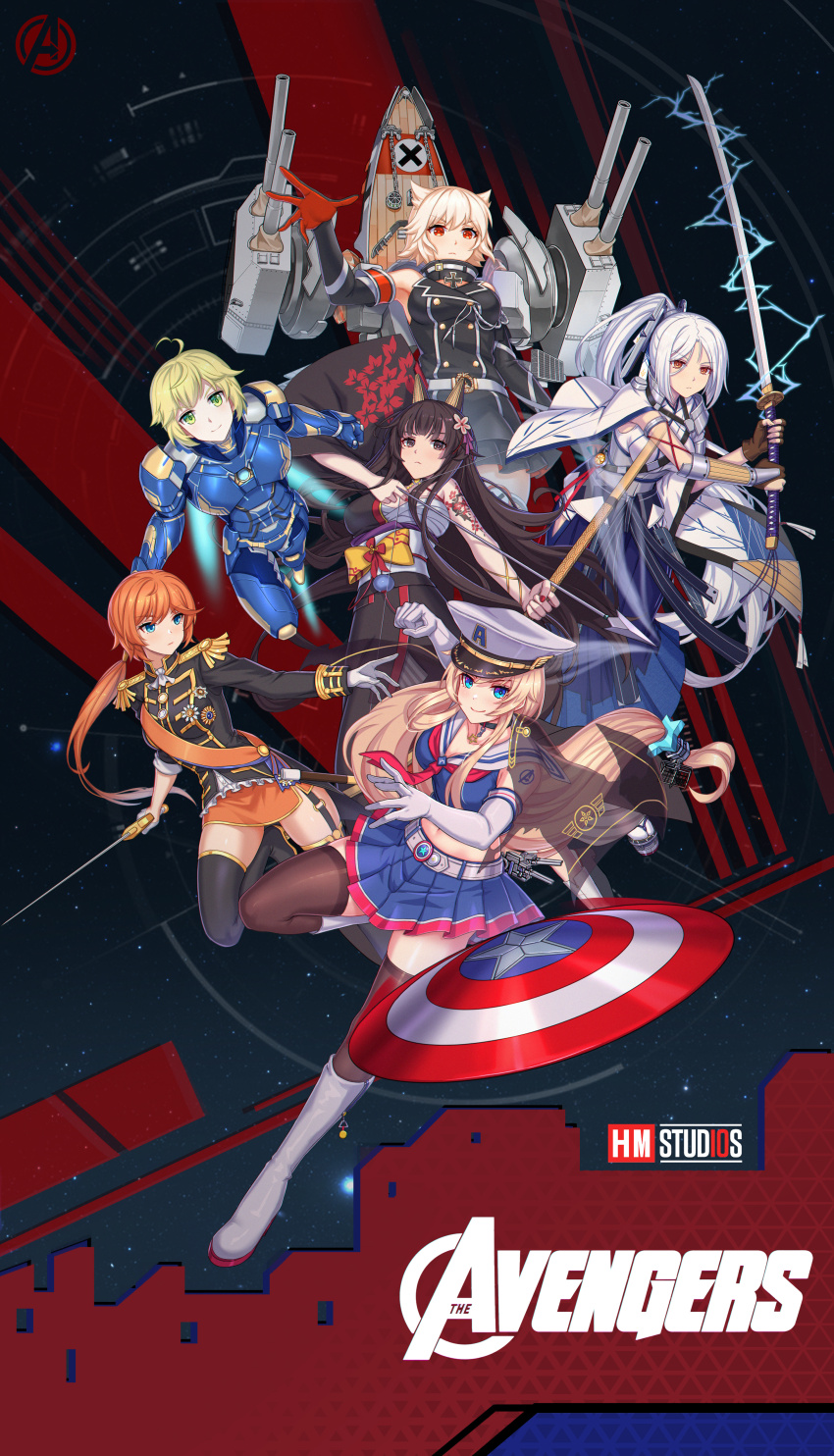 5girls absurdres ahoge aiguillette akagi_(warship_girls_r) alternate_costume armor bismarck_(warship_girls_r) black_gloves black_hair blonde_hair blue_eyes blue_skirt boots bow_(weapon) braid breasts brown_hair chichengde_haotidu_afusang dress english_text enterprise_(warship_girls_r) epaulettes fingerless_gloves flag gloves green_eyes hair_ornament hat highres holding holding_sword holding_weapon jacket kaga_(warship_girls_r) long_hair long_sleeves looking_at_viewer machinery mecha_musume medium_breasts midriff military military_uniform miniskirt multiple_girls nelson_(warship_girls_r) orange_hair panties pleated_skirt ponytail red_eyes rigging sailor_collar ship_turret shirt short_hair shoulder_armor skirt smile standing superhero_costume sword thighhighs twintails underwear very_long_hair warship_girls_r weapon white_footwear white_gloves white_hair zettai_ryouiki