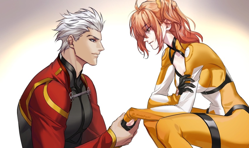 1boy 1girl archer_(fate) archer_(third_ascension)_(fate) black_gloves bodysuit breasts cleavage cleavage_cutout clothing_cutout commentary commentary_request crying dark-skinned_male dark_skin fate/grand_order fate_(series) fujimaru_ritsuka_(female) fujimaru_ritsuka_(female)_(chaldea_combat_uniform) gloves grey_eyes hair_ornament hair_scrunchie half_gloves hand_grab highres medium_breasts one_side_up orange_bodysuit orange_hair pectorals scrunchie shinkaifuyuki sitting streaming_tears symbol-only_commentary tears weibo_username white_hair