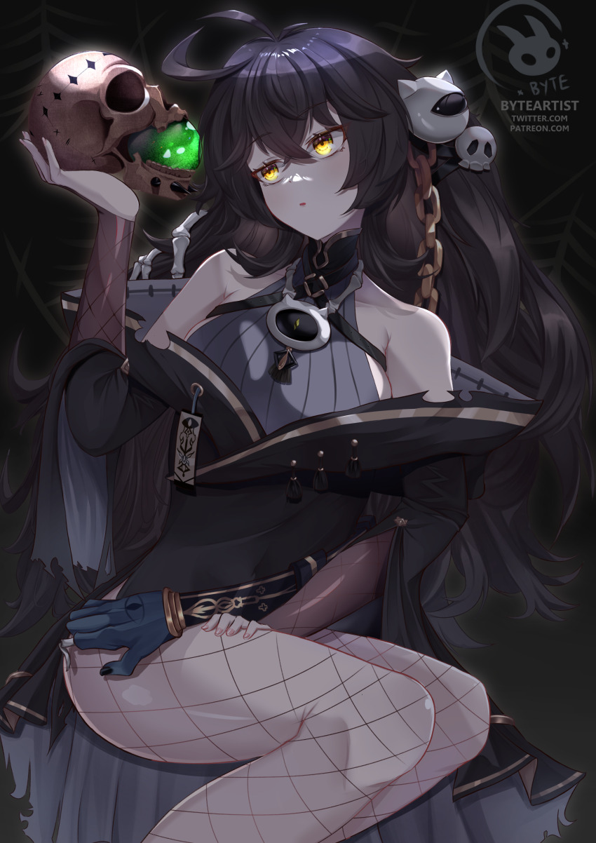 1girl :o absurdres ahoge bare_shoulders black_hair breasts byte-artist cape chain fishnet_pantyhose fishnet_sleeves fishnet_thighhighs fishnets gold_chain grimmi_(vtuber) hair_ornament hand_on_own_thigh hand_ornament highres holding holding_skull indie_virtual_youtuber jewelry leotard long_hair mandarin_collar messy_hair necromancer off_shoulder orb pale_skin pantyhose pendant ringed_eyes robe shiny_eyes sitting skeletal_hand skull skull_hair_ornament talisman thighhighs thighs thinking torn_cape torn_clothes very_long_hair virtual_youtuber witch yellow_eyes
