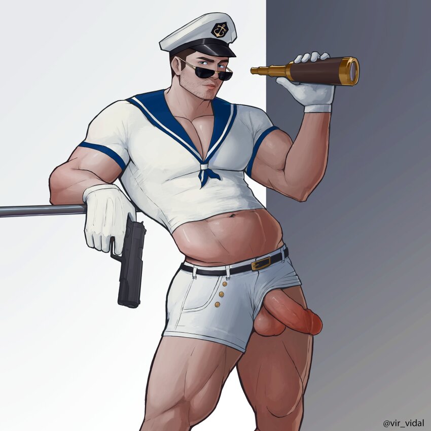 1boy bara black_hair chris_redfield erection facial_hair gloves gun hat highres holding holding_gun holding_weapon large_pectorals looking_at_viewer male_focus muscular muscular_male navel official_alternate_costume pectorals penis resident_evil resident_evil:_revelations sailor_collar sailor_hat sailor_shirt shirt short_hair shorts solo stubble sunglasses testicles thick_thighs thighs twitter_username vir_vidal weapon white_gloves white_shirt white_shorts