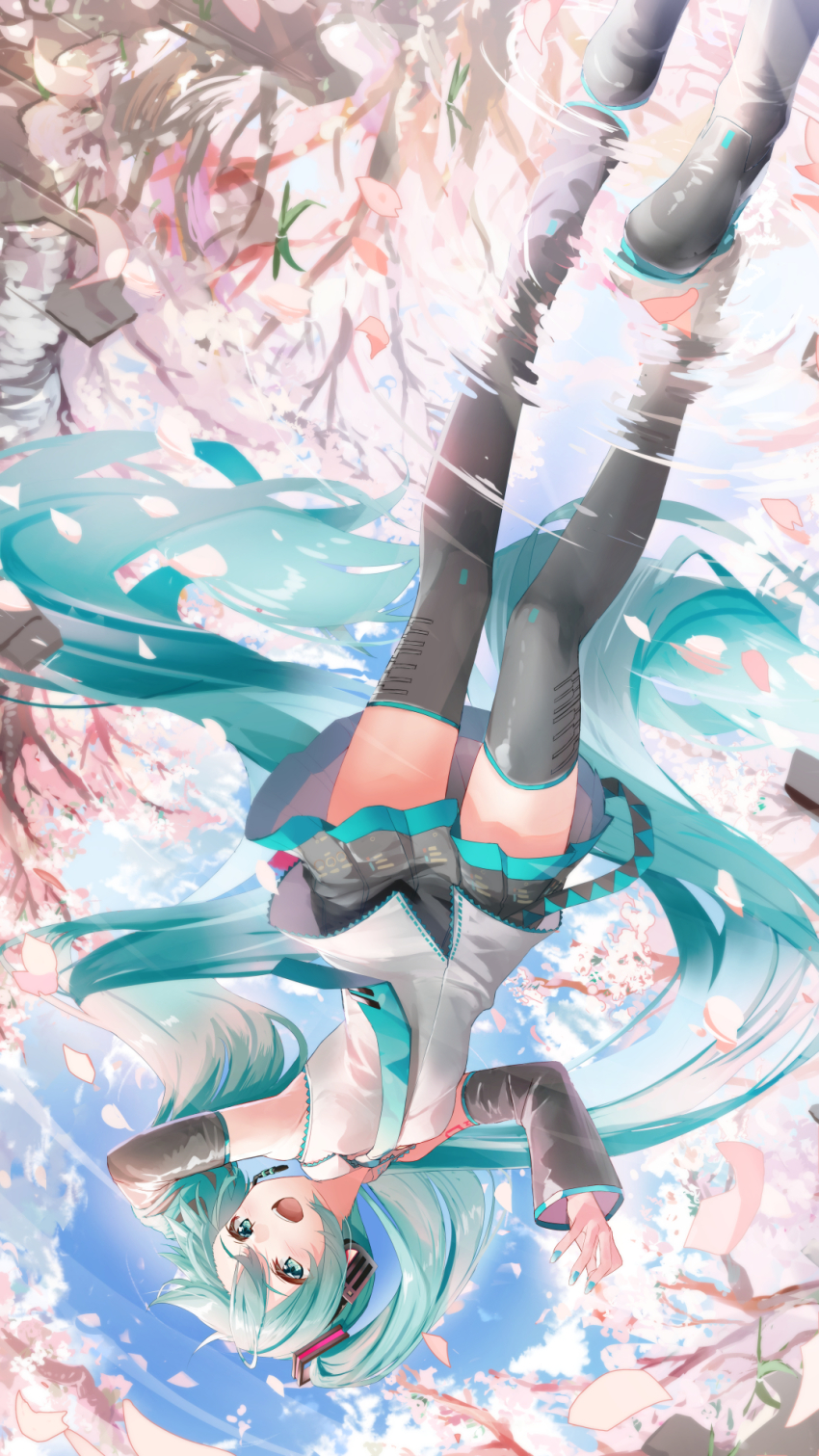 1girl :d aqua_eyes aqua_hair aqua_necktie arm_behind_head bare_shoulders black_skirt black_sleeves black_thighhighs boots cherry_blossoms commentary daidou_(demitasse) day detached_sleeves grey_shirt hair_ornament hand_up hands_up hatsune_miku headphones headset highres long_hair miniskirt necktie open_mouth outdoors petals petals_on_liquid pleated_skirt reflection ripples shirt shoulder_tattoo skirt sleeveless sleeveless_shirt smile solo tattoo thigh_boots thighhighs twintails upside-down very_long_hair vocaloid water zettai_ryouiki