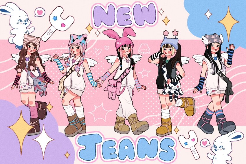 5girls animal_ears artist_logo artist_name bag black_eyes black_hair blush boots brown_hair cartoonized cheumi commentary danielle_(newjeans) english_commentary fingerless_gloves full_body gloves group_name haerin_(newjeans) hanni_(newjeans) hat hat_ornament heart hyein_(newjeans) jewelry k-pop lightstick logo long_hair looking_at_viewer minji_(newjeans) multicolored_hair multiple_girls necklace newjeans pants pink_hair rabbit_ears real_life short_hair shorts skirt sleeveless smile socks sparkle standing toon_(style) twintails wings