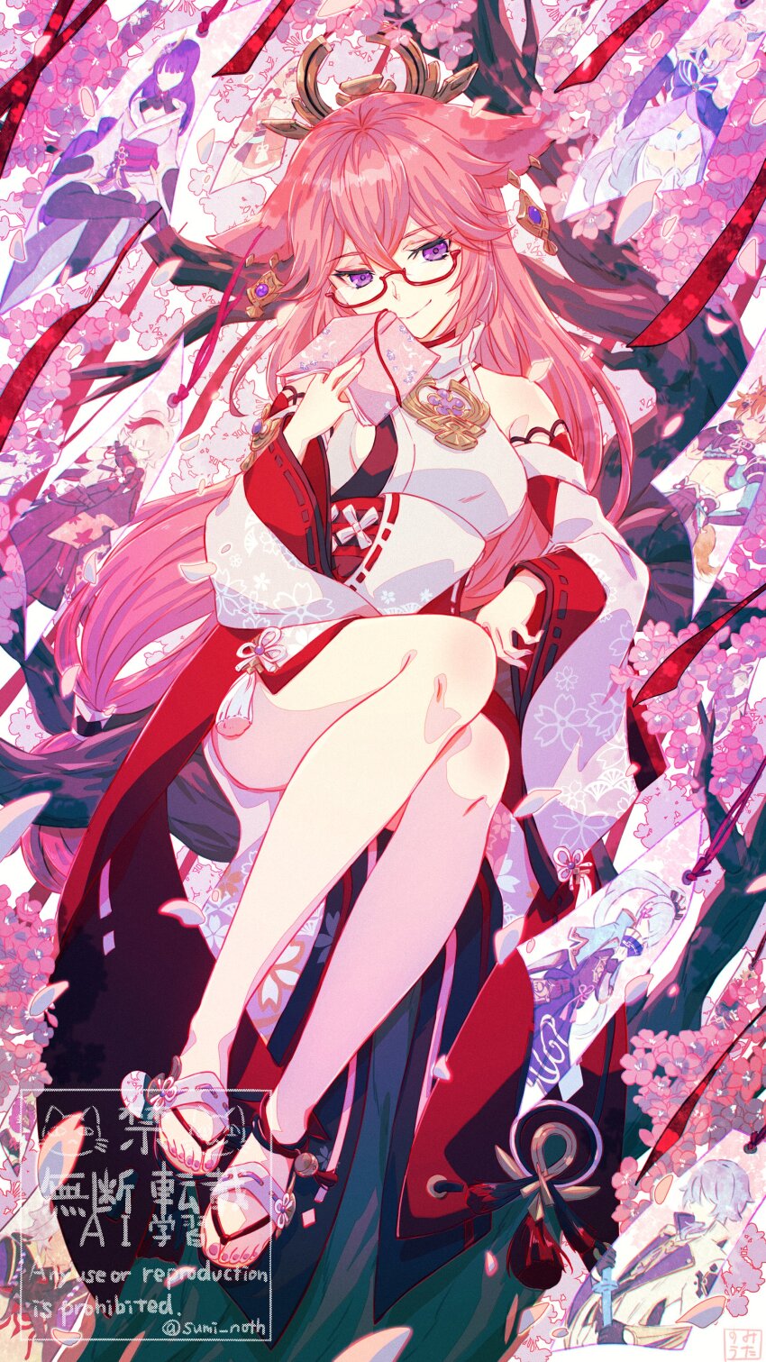 1girl absurdres animal_ears arataki_itto bare_shoulders bespectacled book breasts closed_mouth commentary detached_sleeves earrings fox_ears full_body gem genshin_impact glasses gorou_(genshin_impact) hair_between_eyes hand_up hashtag-only_commentary highres holding holding_book invisible_chair jewelry kaedehara_kazuha kamisato_ayato kirara_(genshin_impact) long_hair long_sleeves looking_at_viewer nail_polish nontraditional_miko pink_hair purple_eyes purple_gemstone purple_nails raiden_shogun red-framed_eyewear round_eyewear sangonomiya_kokomi sayu_(genshin_impact) semi-rimless_eyewear shirt sideboob sitting sleeveless sleeveless_shirt smile sumi_noth toenail_polish toenails very_long_hair white_shirt yae_miko yoimiya_(genshin_impact)