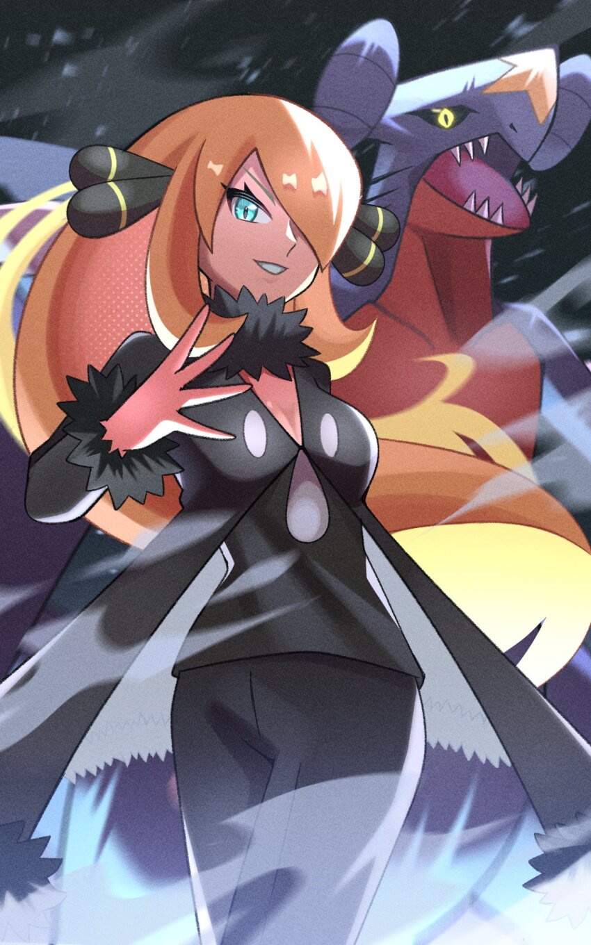 1girl black_jacket black_pants black_shirt blonde_hair breasts cleavage commentary_request cynthia_(pokemon) fangs fur-trimmed_sleeves fur_collar fur_trim garchomp gen_4_pokemon hair_over_one_eye highres inana_umi jacket long_hair motion_blur night nintendo open_mouth pants pokemon pokemon_(creature) pokemon_dppt shirt smile snow snowing standing teeth yellow_eyes