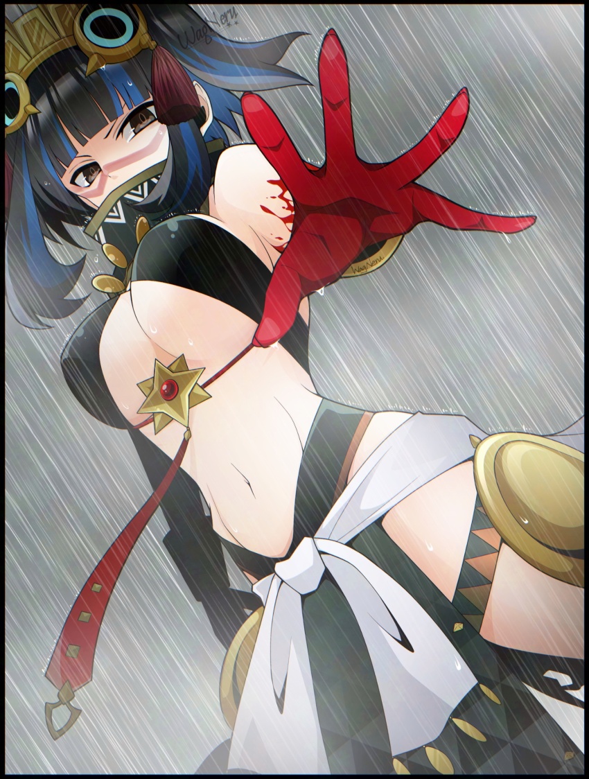 aztec black_hair blood blood_on_hands blue_hair bracer breasts cleavage colored_inner_hair detached_collar facepaint fate/grand_order fate_(series) feathers grey_eyes halterneck headdress high_collar highres multicolored_hair tassel tenochtitlan_(fate) tenochtitlan_(first_ascension)_(fate) wagu_neru