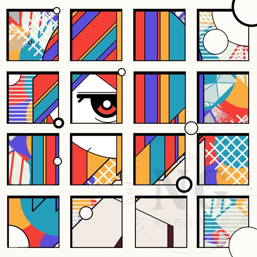 1girl abstract_background closed_mouth colorful commentary english_commentary looking_at_viewer machigami_yoh medium_hair multicolored_background multicolored_hair original red_eyes solo tagme upper_body watermark